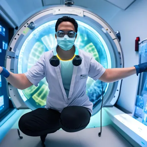 Prompt: radiographer using mri is flying as a super hero

