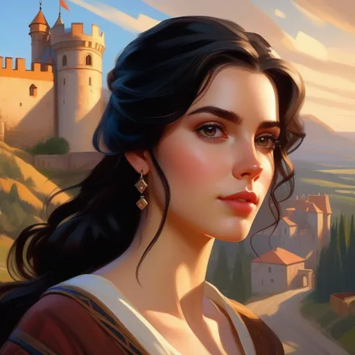 Prompt: Third person, gameplay, Castilian girl, pale skin, black hair, brown eyes, castle in the background, warm atmosphere, cartoony style, extremely detailed painting by Greg Rutkowski and by Henry Justice Ford and by Steve Henderson 

