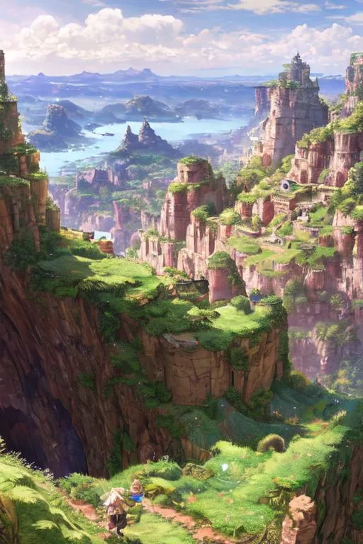 Prompt: Made In Abyss,

masterpiece intricate hyperdetailed best quality flat color pencil sketch 2D 1 anime girl joyful, blonde fluffy hair, detailed blue and green steampunk fantasy leather and cotton clothes, detailed face, standing on the grass valley,

scenic view landscape 2D flat color medieval city on the gigantic abyss hole vector background, action shot, extreme long shot wide view, full frame wide angle,

sunshine, blue sky,

precise hard pencil strokes, thick and hard pencil outline,

hyperdetailed 2D vector concept art picture, vector, illustration, character concept,

2D fantasy concept art style, inspired by final fantasy art, adventure, inspiring, colorful, heroic fantasy art,