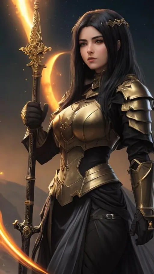 Prompt: a beautiful woman with black hair in black crusader armor rests on her sword in the middle of a dark crater filled with glowing gold crystals. the sky is dark and she is surrounded by glowing orange mist. Behance hd,
