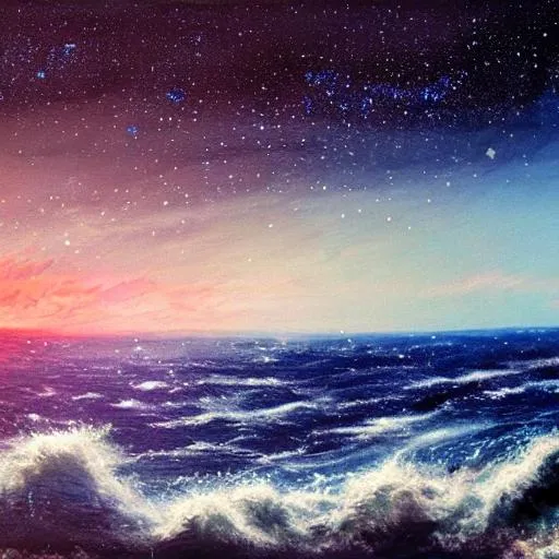 Prompt: stars falling, dark sky, over the sea, cresting waves, cinema, nebula, and stars in the background on horizon. Beautiful painting,8k, planets glowing in sunset, landscape