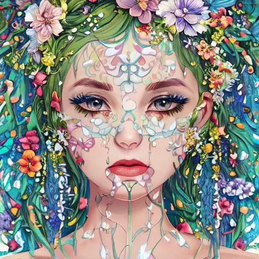 Prompt: flowers sprouting everywhere from all over the body including the eye sockets and the clothes are made out of flowers, her hair are thin vines with blooming flowers skin covered with flower petals. her lips are adorned with flowers, her nostrils overflowing with flowers, flowers decorating her eyelashes, her eyebrows are made of flowers, soft and beautiful flower tattoos cover her face and body. She wears a beautiful necklace of flowers, her eyes' iris are flowers, her earrings are flowers