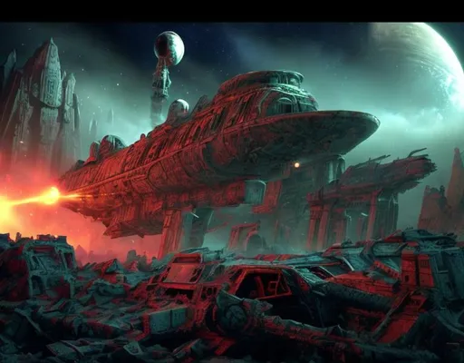 Prompt: space ship wreck dead city Ancient ,lasers zombies star trek