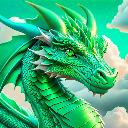 Prompt: a face shot of a beautiful green dragon with an intelligent face looking at clouds with bright turquoise eyes, very glossy and shiny, reflective, symmetrical, perfect composition, hyperrealistic, super detailed, 8k, high quality, trending art, trending on artstation, sharp focus, studio photo, intricate details, highly detailed, Trending on Artstation, Cozy wallpaper, Pastel colors, soft lighting