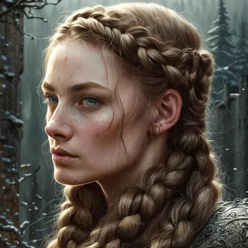 Prompt: Portrait of {beautiful Medieval woman} with {braided chestnut} hair and with cute face, {castle and forest background}, perfect composition, hyperrealistic, super detailed, 8k, high quality, trending art, trending on artstation, sharp focus, studio photo, intricate details, highly detailed, by greg rutkowski