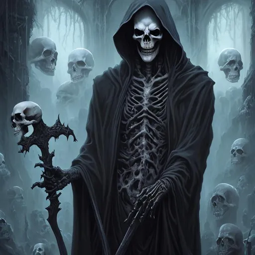 Prompt: grim reaper in the underworld clutching a bundle of skulls  hyper realistic dark cinematic UHD style of boris vallejo