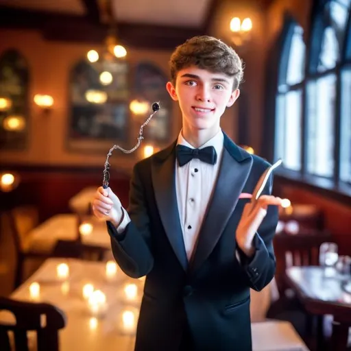 Prompt: 16 year old boy in a tuxedo casts a spell with his magic wand at a restaurant