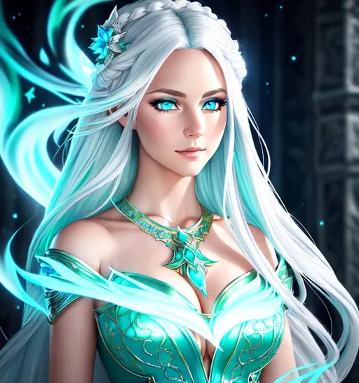 Prompt: Fantasy style, a hyper realistic detailed image of Aelin Ashryver Galathynius, ((white hair)), ((Blue eyes)) covered in nightly glow, holding flames, ((wearing a mint green dress)) perfect composition, super detailed, sharp focus HDR, UDR, 120k, square jaw, slender upturned nose, 