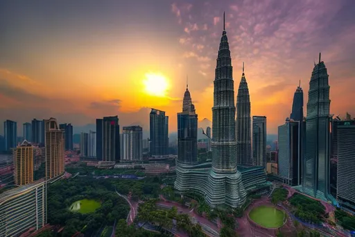 Prompt: 
"Generate an image of the KLCC and the building beside in Kuala Lumpur during sunrise. Ensure the image is of the highest quality, with sharp details. The sun should be rising behind the KLCC, casting a beautiful ray of sunlight. Capture the surrounding buildings as well. Please create this image with utmost realism. it need to show the sun hiding behind and shining. sun to be on the right side of the image. no need to feature the greenary. it need to look corporate. 