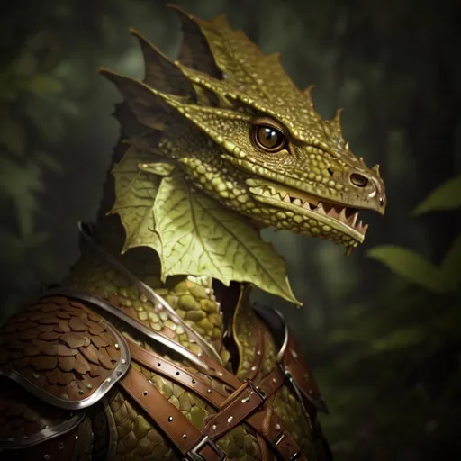 Prompt: portrait of a (Green and Brown dragonborn Ranger hunting ),wearing basic leather armor with rustic camouflage details including leaves.  , Forest background, D&D setting, perfect composition, hyperrealistic, super detailed, 8k, high quality, trending art, trending on artstation, sharp focus, studio photo, intricate details, highly detailed, by greg rutkowski and alphonse mucha