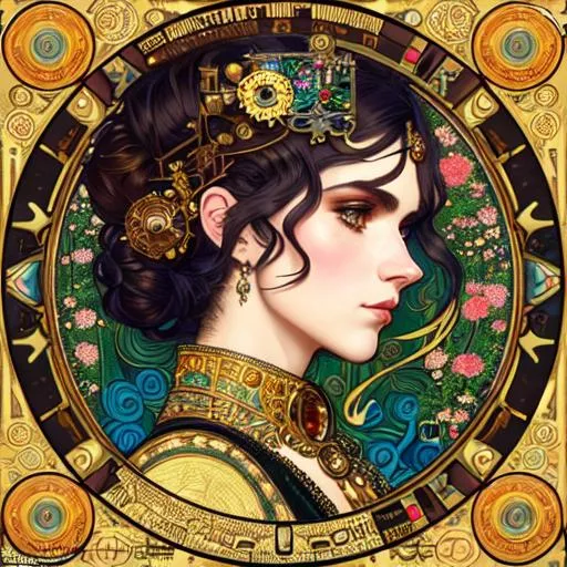 Prompt: steampunk portrait of Grimes the musician - by Gustav Klimt and Alphonse Mucha, intricate, elegant, highly detailed, centered, artstation, smooth, sharp focus, octane render, 3d, artstation, precise lineart, vibrant, Conrad Roset, 8k resolution, hypermaximalist, intricate, highly detailed, concept art, realistic, colorful, vintage show promotional poster