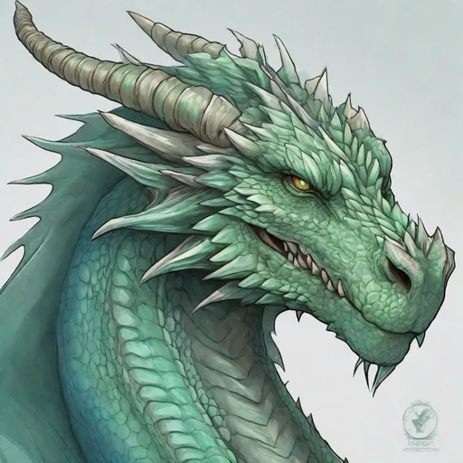 Prompt: Concept design of a dragon. Dragon head portrait. Coloring in the dragon is predominantly pale green with subtle blue streaks and details present.