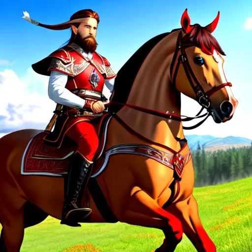 Prompt: An Elven Soldier wearing red and white Viking/Slavic style armor with a red and white tunic. brown hair, blue eyes, short beard, large mustache. Riding a red horse.