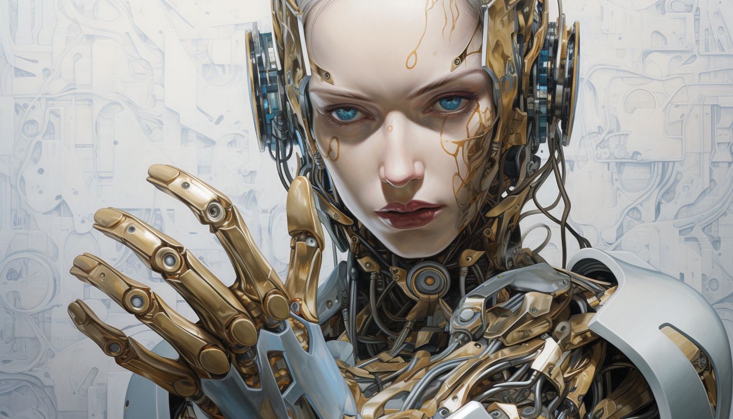 Prompt: female robot woman with blue eyes using an electronic hand, in the style of realistic hyper-detailed portraits, baroque sci-fi, light gold and azure, photo-realistic, cyberpunk manga, mechanical realism, captivating realism --ar 128:73 --v 5.2