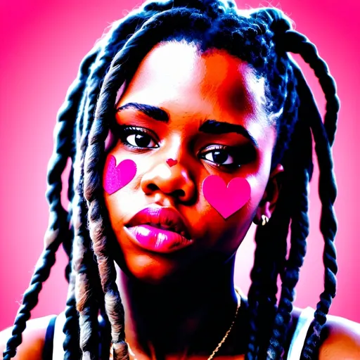 Prompt: (photorealistic) image of a woman, (dreadlocks) cascading stylishly, (red heart) boldly adorning her forehead, set against a (pink polka dot background), filled with scattered (hearts), reflecting a mix of (afrofuturism) aesthetic and modern touches, suited for a captivating profile picture. Focus on her serene expression and intricate features, rendered in (vibrant colors) evoking warmth and creativity, captured in ultra-detailed 4K quality.