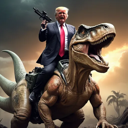 Prompt: epic professional digital art of donald trump, atmospheric lighting, paint and ink, illustrated, detailed, by leesha hannigan, hr Geiger, funny, hilarious, riding a dinosaur with machine guns, stunning, gorgeous, much wow, much detail, cinematic, masterpiece