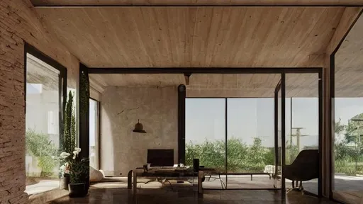 Prompt: Cinematic  photo of the Interior of a modern contemporary rustic house,persian architecture, salvatore dali, minimal,brick and wood,glass,color, plants, pavimento, accent lighting, orthogonal, octane rendering,ar 16:9