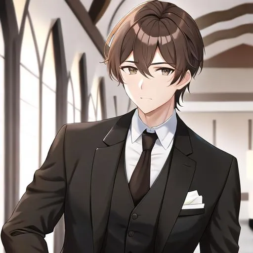 Prompt: Caleb  1male (brown hair, brown eyes) wearing black suit at a wedding