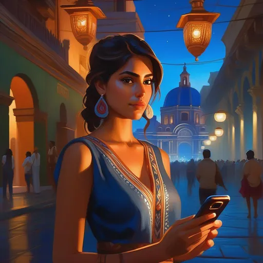 Prompt: Third person, gameplay, Mexican girl, olive skin, brown hair, brown eyes, 2020s, smartphone, ,Mexico City, Zocalo at night, blue atmosphere, cartoony style, extremely detailed painting by Greg Rutkowski and by Henry Justice Ford and by Steve Henderson 