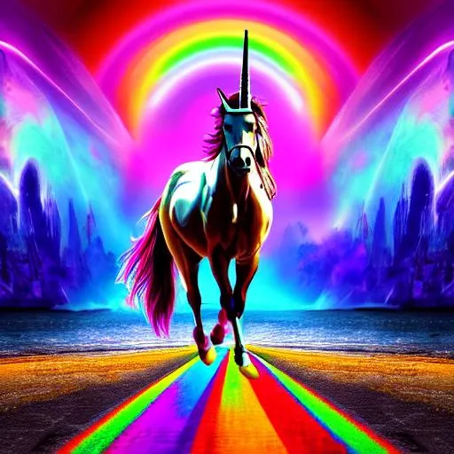 Prompt: Digital art epic perspective wallpaper art, brightly colored and psychedelic unicorn. Street art style, background art. Epic perspective ultra detailed digital art