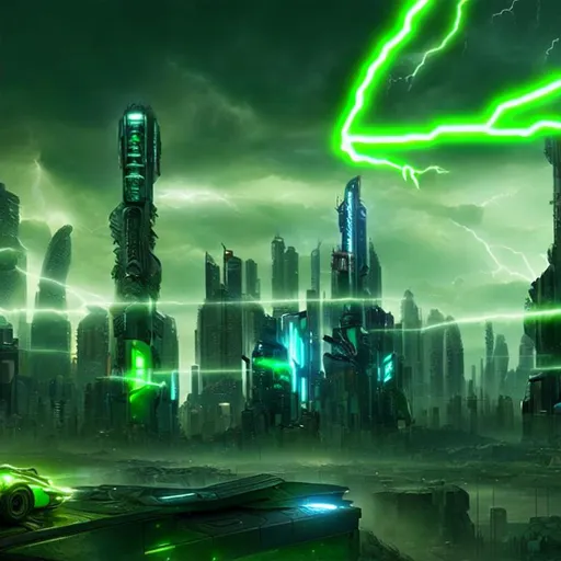 Prompt: green lightning striking, cyberpunk, hyper realistic, HD, 8K, matte painting, no mistakes