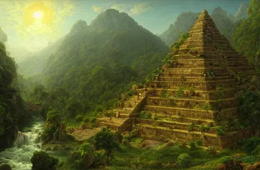 Prompt: a beautiful and highly detailed digital painting of a stone pyramid in the centre of a massive lush mountainous jungle, flowers, trees, rivers, vines, intricate details, epic scale, hyperdetailed, hyperrealism, artstation, cgsociety, 8 k, sharp focus, by caspar friedrich, albert bierstadt, james gurney,