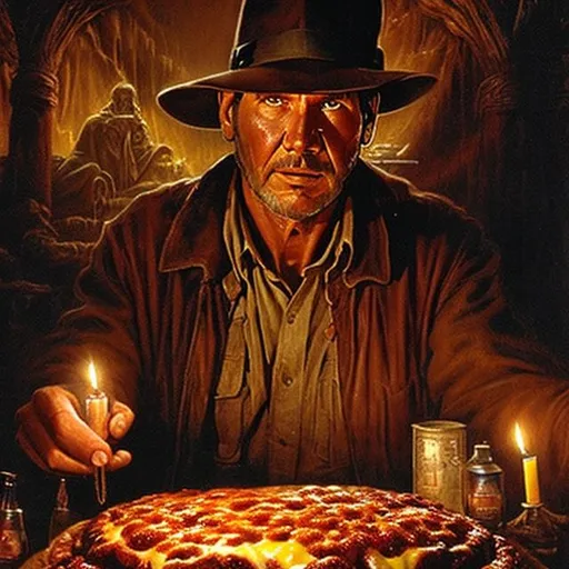 Prompt: Drew Struzan picture, Old Harrison Ford Indiana Jones staring in awe at a huge sloppy cheeseburger in a darkly lit tomb, highly detailed image, high resolution