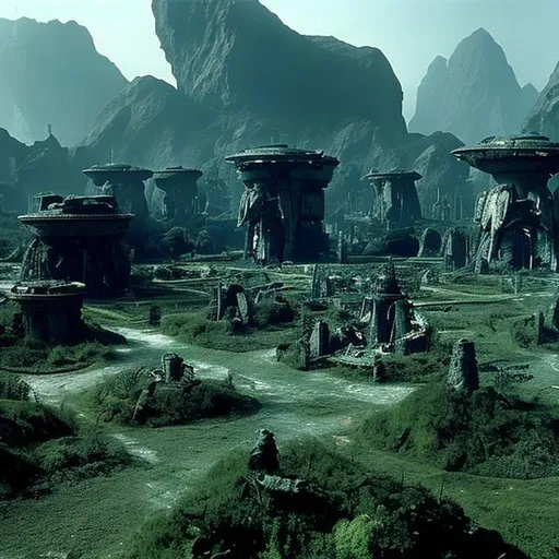Prompt: The flattened ruins of an alien city, partially overtaken by the jungle, in the style of Star Trek. {Star Trek: The Next Generation}
