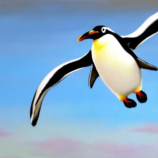 Prompt: a penguin flying in the sky, pastel painting, soft colour