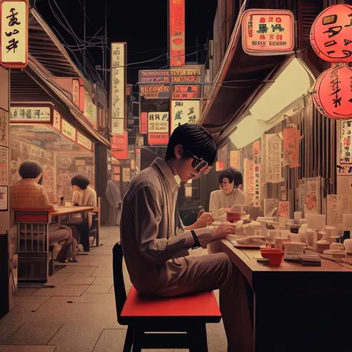 Prompt: hyperrealistic art, how era Japanese  neon light district, 1980s, hyperrealistic guy with black hair, business clothes glasses sitting in the ramen shop, 