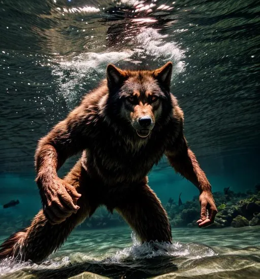 Prompt: Werewolf swimming underwater 