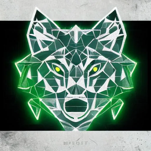 Prompt: geometric, wolf, green, grey, blue, head, logo, green eyes, detailed