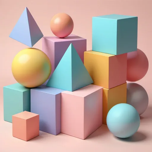 Prompt: Geometric basic shapes in pastel colors, educational, bright, playful, kid-friendly, pastel painting, 3D rendering, cube, sphere, triangle, square, vibrant, primary shapes, high quality, detailed, playful, educational, pastel colors, kid-friendly, 3D rendering, soft lighting