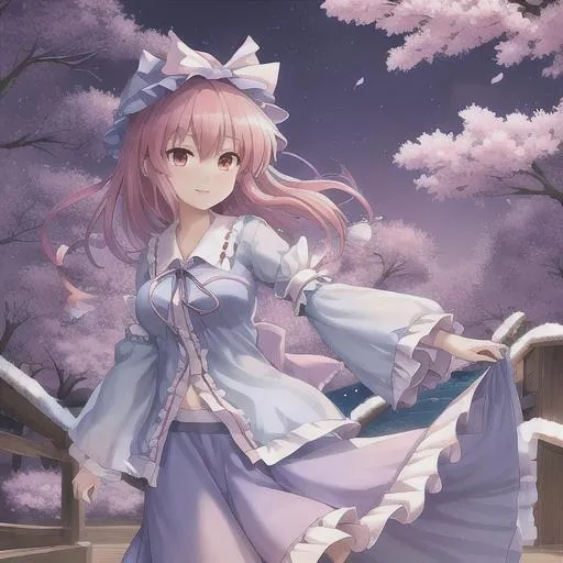 Prompt: Yuyuko, Touhou, Cherry Blossom Background, 4k, ultra hd, good drawing, waifu, well done drawing, so good, epic, 2.