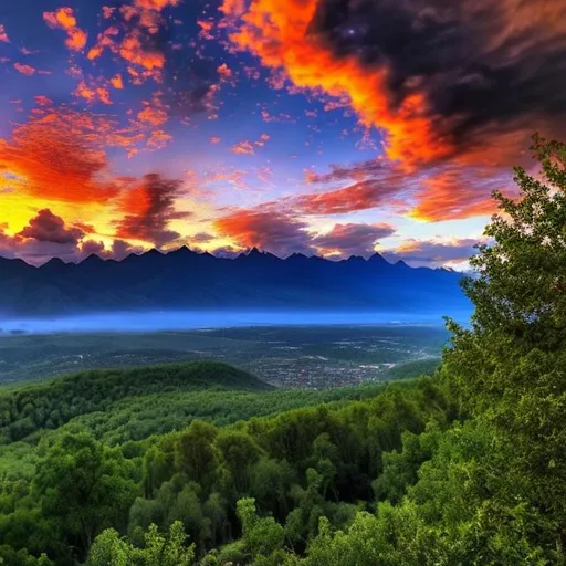 Prompt: Cool Sunset mountain view with water cool clouds and trees
