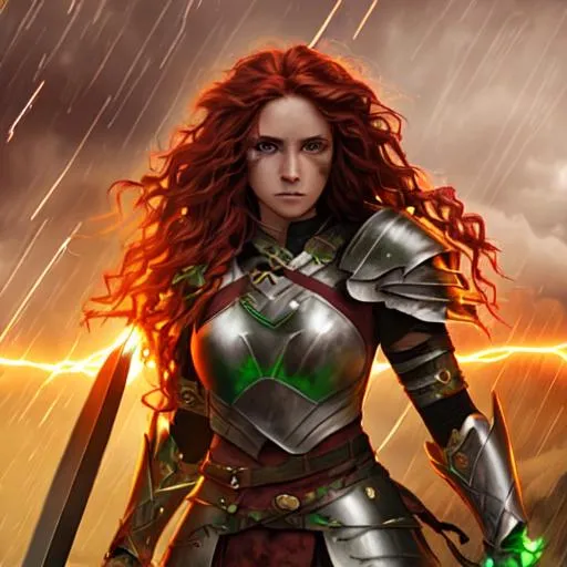 Prompt: A high quality photorealistic warrior woman with a photrealistic face marching at night in a storm with lightning with a glow behind her, has green eyes and red wavy hair and is wearing armor while holding a sword