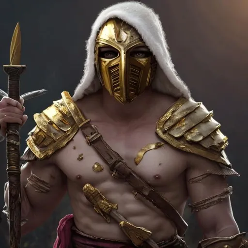 Prompt: young man gold,  very white scarred skin, covered in bandages, gold tattered cloth armor exposes his midriff, hood of magical mask like,  large gold gem between pecs in chest, Barbarian, Strong, wielding large two-handed great-axe, Fantasy setting,