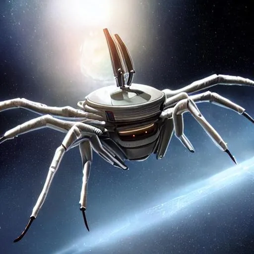 Prompt: Design a spaceship that looks like a daddy long-leg spider, photorealistic, cinematic lighting