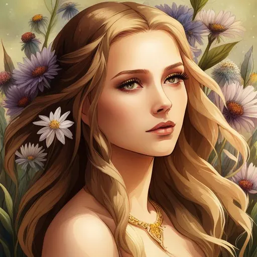 Prompt: a fairy goddess , etherial, light colored hair,surrounded with wildflowers