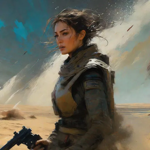 Prompt: a scene from Dune 2021  the film    chani is running and fight against a worm
masterpiece, textured Speedpaint with large rough brush strokes and paint splatter by Jeremy Mann, Carne Griffiths, Junji Ito, Robert Oxley, Ismail Inceoglu, masterpiece, trending on artstation, particles, oil on canvas, highly detailed fine art, ink painting, hyperrealism | Pixar gloss | polished, Anato Finnstark | Android Jones | Darek Zabrocki, Boris Vallejo, David Palumbo, Donato Giancola, Frank Frazetta, colorful, deep_color vibrant, John Stephens, Jordan Grimmer, John Howe, Julie Bell, Mark Brooks, Dan Mumford | comicbook art | perfect_concept art | 3D shading | bright_colored background radial gradient background | cinematic Reimagined by industrial light and magic fairy_home!, centered, acrylic painting, trending on pixiv fanbox, palette knife and brush strokes, style of makoto shinkai jamie wyeth james gilleard edward hopper greg rutkowski studio ghibli genshin impact, perfect composition, beautiful detailed intricate insanely detailed octane render trending on artstation, 8 k artistic photography, photorealistic concept art, soft natural volumetric cinematic perfect light, chiaroscuro, award - winning photograph, masterpiece, oil on canvas, raphael, caravaggio, greg rutkowski, beeple, beksinski, giger