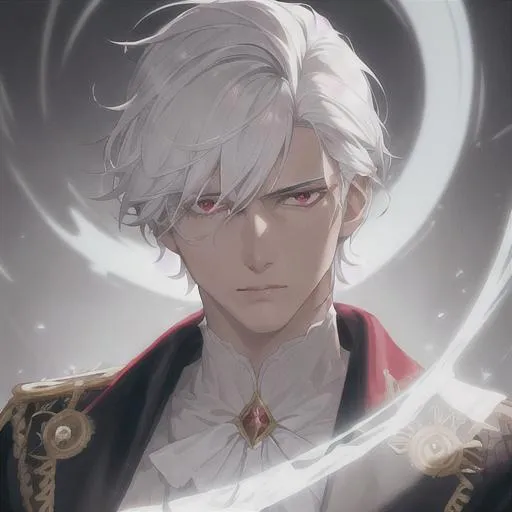 Prompt: "A close-up photo of a handsome prince with short hair, white hair, glowing red eyes, wearing a kings robe, in hyperrealistic detail, with a slight hint of disgust in his eyes. His face is the center of attention, with a sense of allure and mystery that draws the viewer in, but his eyes are also slightly downcast, as if a sense of disgust is lingering in his thoughts. The detailing of his face is stunning, with every pore, freckle, and line rendered in vivid detail, but the image also captures the subtle emotions of disgust that might lie beneath his surface."