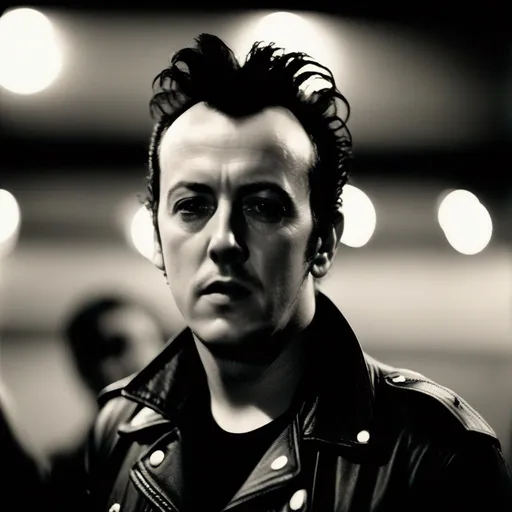 Prompt: 80 style,  black and white movie style, joe strummer ghost looking at the camera, 35 mm, 