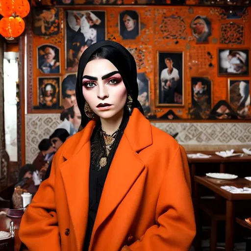 Prompt: An authentic woman, black eyes and eyebrows, beautiful, with a dark orange coat and white pants, in a traditional Iranian restaurant.