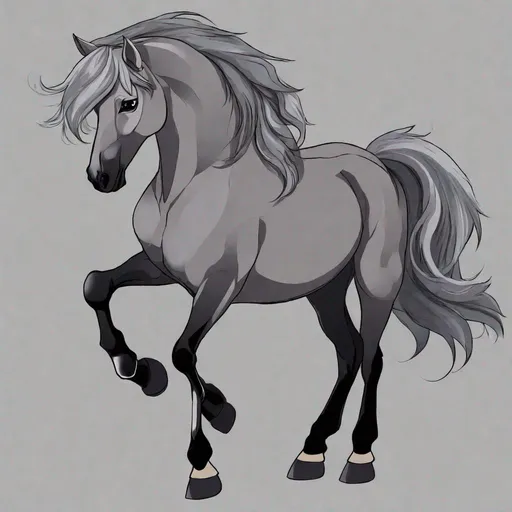 Prompt: Your OC is a little mangled horse, with gentle ash-gray eyes. He has a long grey mane and tail. 
