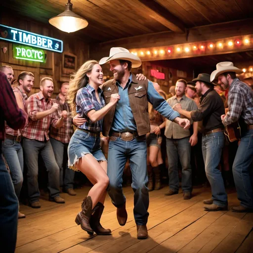 Prompt: In a lively honky-tonk bar on the outskirts of town, the atmosphere is electric with excitement. People of all ages gather around a wooden dance floor, moving to the infectious beat of country music. The walls are adorned with rustic decor, including old whiskey barrels, cowboy hats, and neon signs.

At the center of the dance floor, a couple stands out, dancing with energy and enthusiasm. The woman wears a stylish flannel shirt and cowboy boots, while the man sports a denim jacket and a big smile. Their movements are playful and carefree, reflecting the fun and spirited nature of the song "Timber."

In the background, a band plays on a raised stage, their music filling the air with a mix of guitar riffs, fiddle tunes, and catchy lyrics. The crowd cheers and sings along, adding to the lively atmosphere.

Overall, the scene captures the essence of "Timber," celebrating the joy of music, dancing, and letting loose in a down-to-earth country setting.