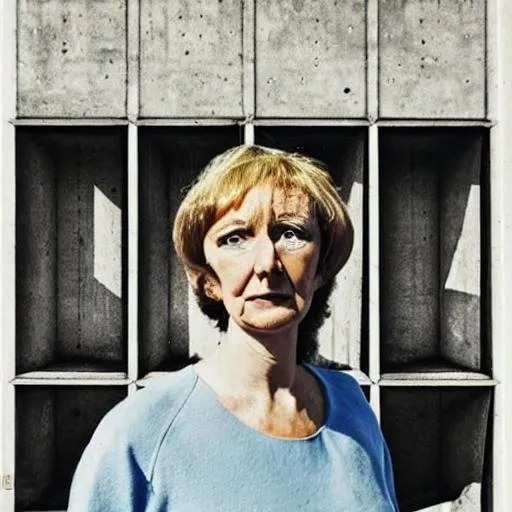 Prompt: {{{Brutalist concrete building as background}}} Portrait of woman in style of Lucien Freud 