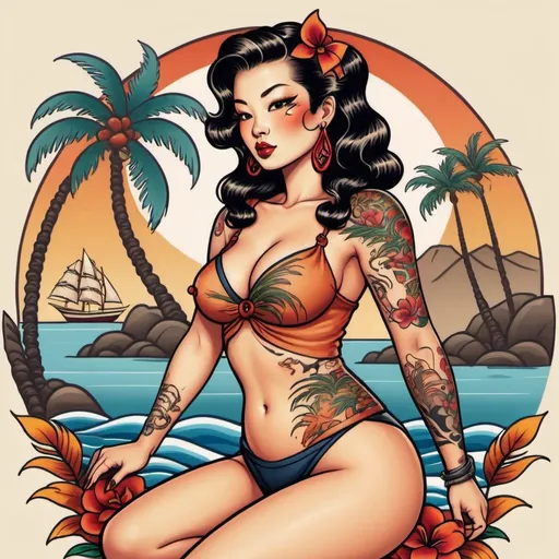 Prompt: Sailor Jerry Curvy Vixen, with palm trees, and water in the background, Asian tattoo, minimalist line art, Warm Vibrant colors