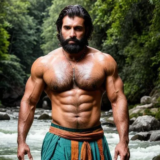 Prompt:  a full body portrait of rugged warrior delhi hypermasculine muscle "handsome face", gangster, dhoti, "sweaty sweaty hairy hairy chest pecs", village river,  spear bow arrow, ""hyperreal "detailed" face"", river, depth of field, arena, perfect composition, hyperrealistic, super detailed, 8k, high quality, trending art, trending on artstation, sharp focus, studio photo, intricate details, highly detailed, by greg rutkowski