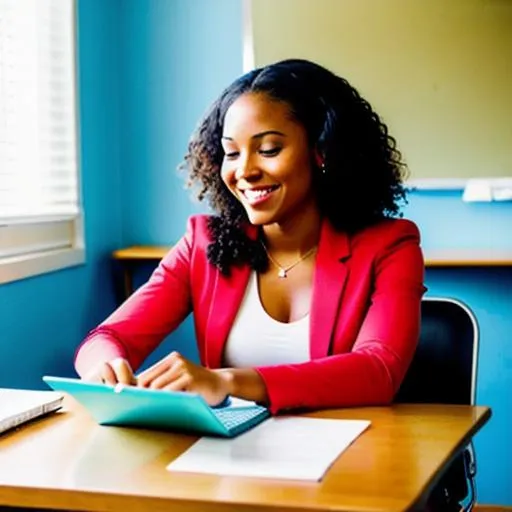 Prompt: Gorgeous young black woman takes online class. She is talking to the teacher via vidio call on her laptop. She writes notes on a pad of paper. Smiling
