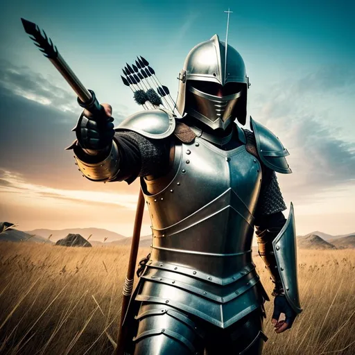 Prompt: A warrior in armor stands on the battlefield, he is surrounded by arrows, photo to the waist